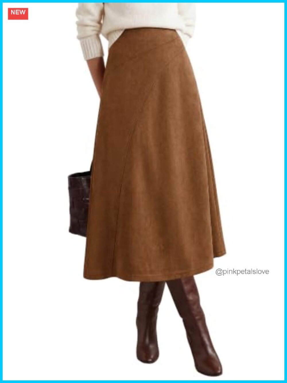Faux Suede Midi Skirt High Waisted A-Line Fall Winter Women's
